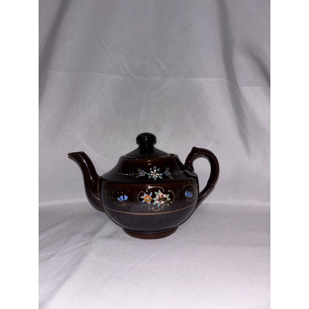 Brown Betty Teapot Hand Painted Red Ware Made in Japan Moriage Floral Blue VTG